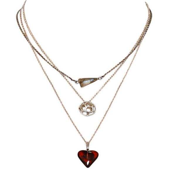 Lot Of 3 Stackable Sterling Silver Layered Necklace Set Labradorite Amber Boho - Picture 1 of 16